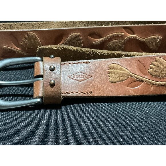 Fossil Women's Embossed Embroidered Brown Leather Belt With Floral Pattern Sz S - Picture 5 of 7